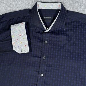 Bugatchi Shirt Men's XXL Dark Blue Checkered Shaped‎ Fit Long Sleeve Button Up